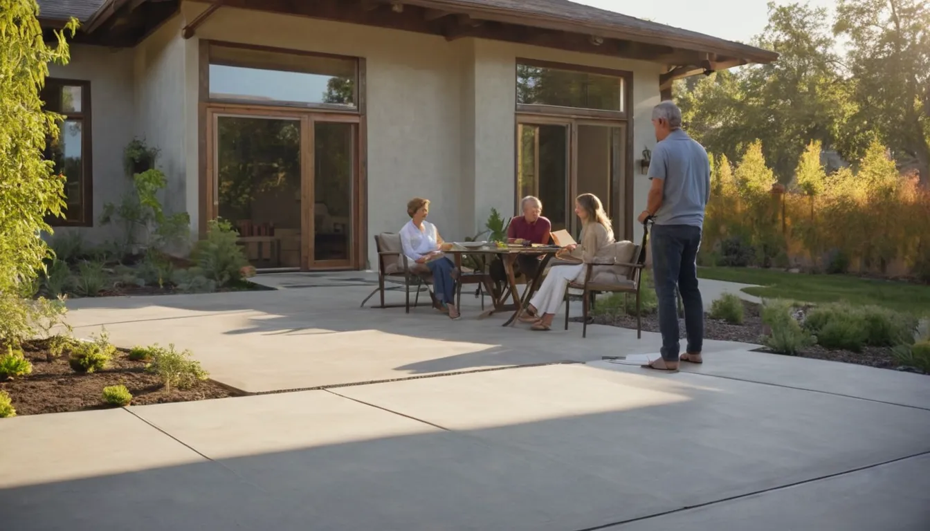A newly poured concrete patio behind a frame home in the West Jordan area, with outdoor chairs and a table